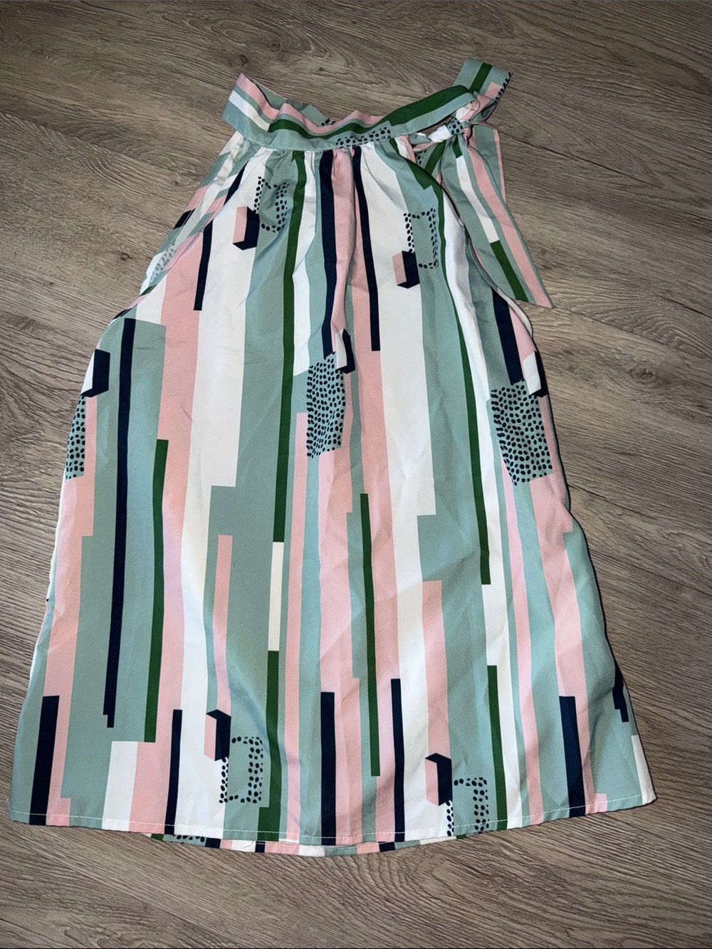 SHEIN Pink, Green & Navy Vertical Stripe Tank with Tie Neck